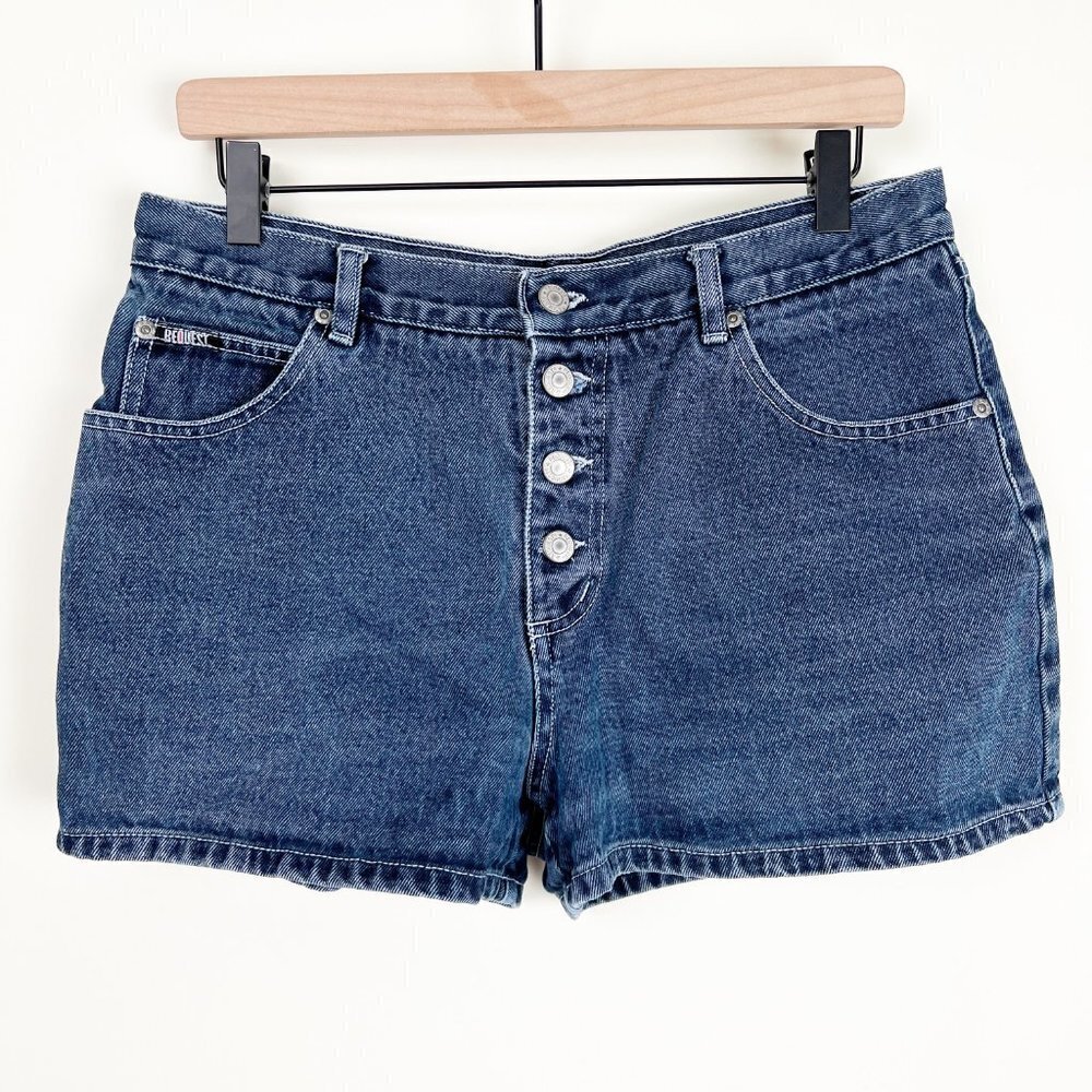 Vintage Jean Shorts Exposed Button Fly Rigid Cotton High Rise Waisted Dark Denim